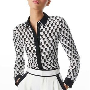 Alice & Olivia Willa Sassy Stace Top Silk Black White XS